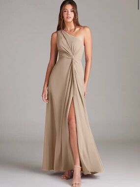 Azazie One-Shoulder Taupe Evening Gown with Knot Detail